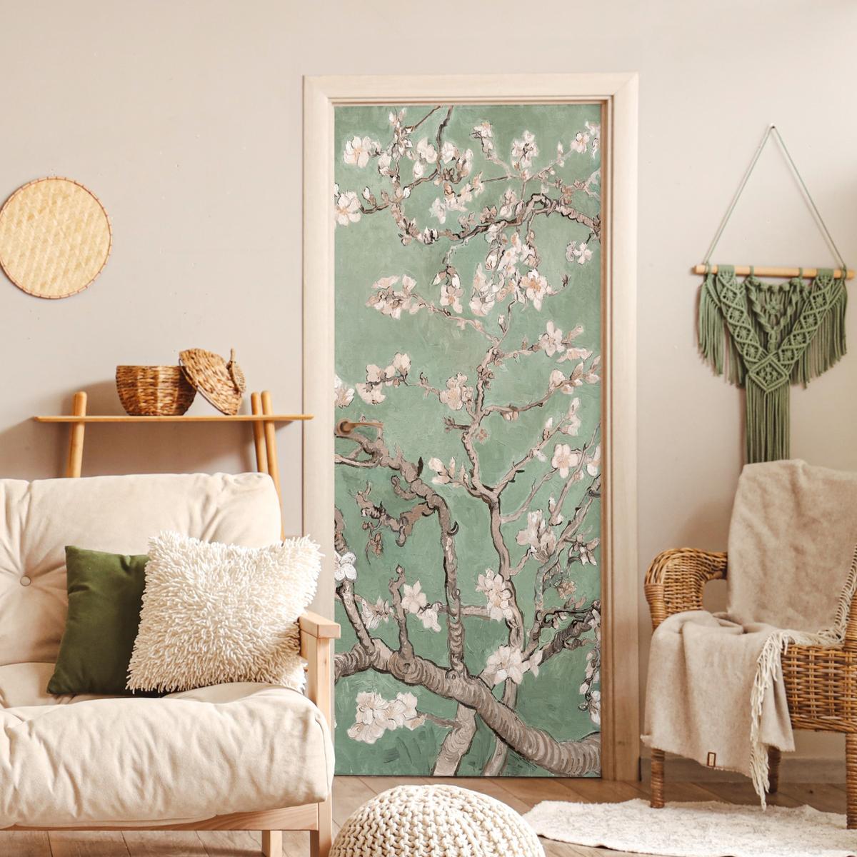 TÜRAUFKLEBER Selbstklebend - Mandelblüte - Kunst - Van Gogh - Grün 85x205 cm - Türtapete - Salbeigrün, Kunststoff (85/205cm) - MuchoWow
