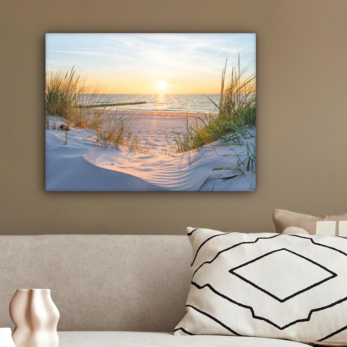 LEINWANDBILD Strand - Sonne - Düne - Gras - Sand - Horizont Wandbild 40x30 cm - Hellblau, Textil (40/30cm) - MuchoWow