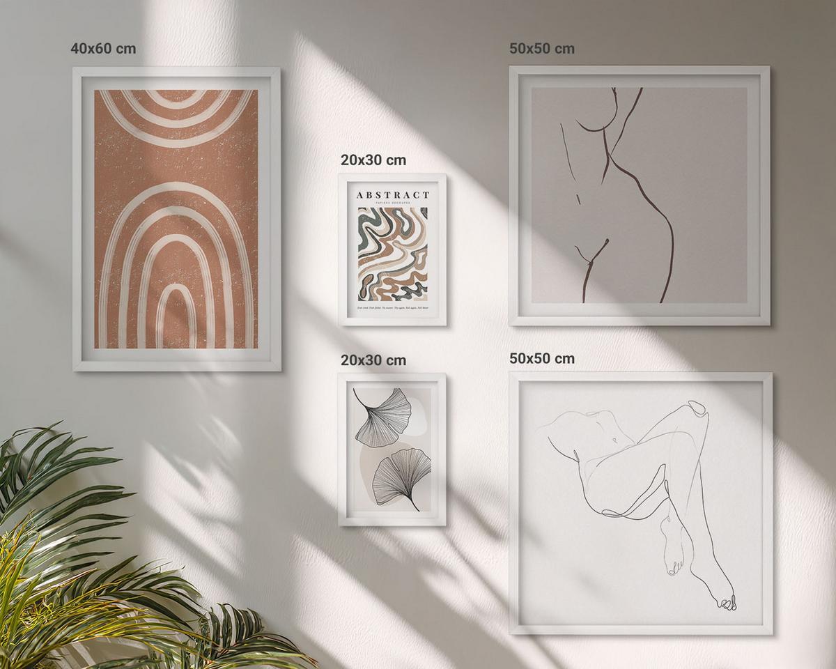 BILDER SET 5er Set - 50x50 cm & 20x30 cm & 40x60 cm Weißer Rahmen - Abstrakte Boho-Blattformen - Weiß, Kunststoff (40/60cm) - TULUP