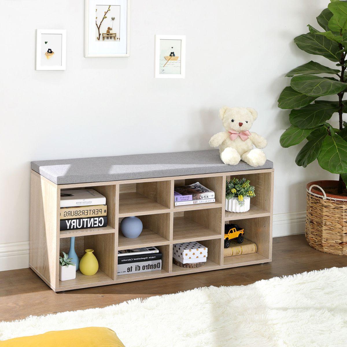 SCHUHBANK mit 10 Nischen Holzdekor - L104 cm - Grau, Holzwerkstoff (117.5/48/30cm) - Calicosy
