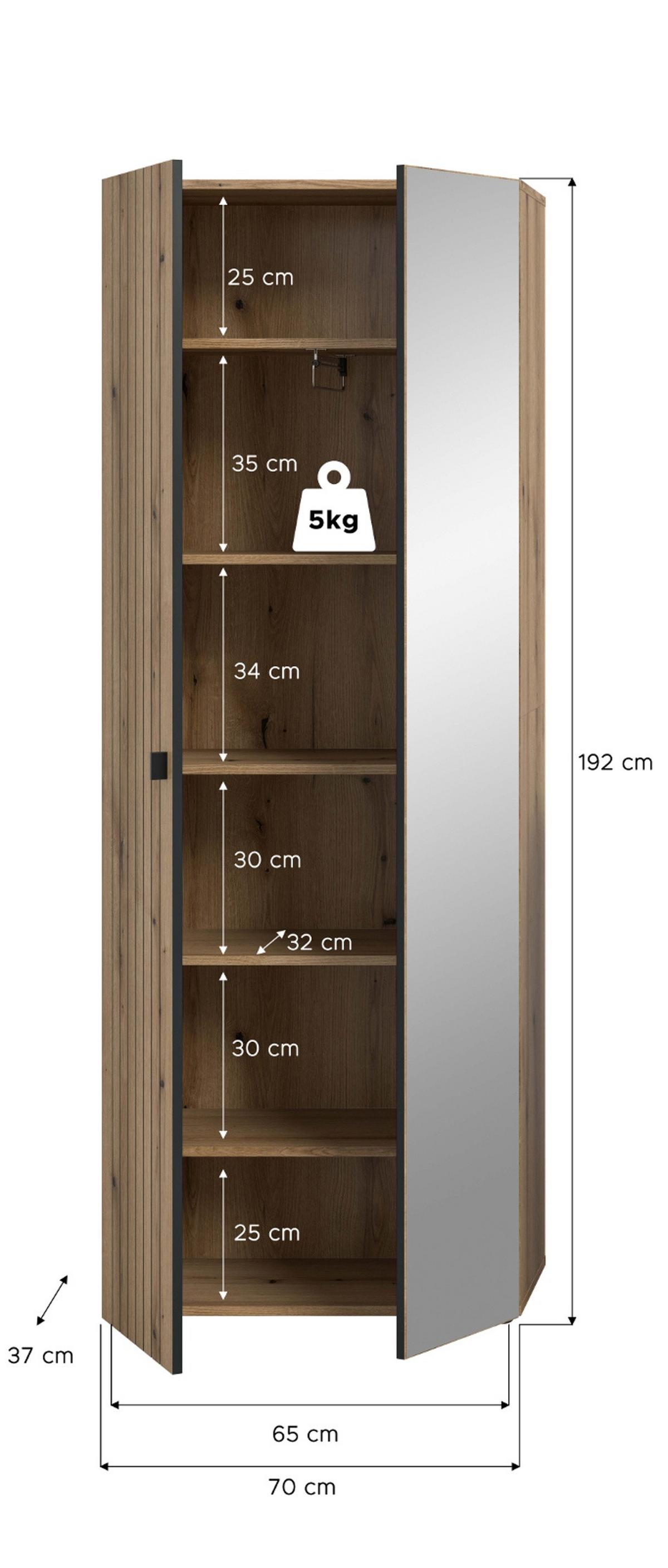 GARDEROBENSCHRANK Evoke Eiche 70 x 192 cm, Garderobe und Schuhschrank mit Spiegel - Schwarz/Eiche Artisan, Glas/Holzwerkstoff (72/192/37cm) - Inn.Furn