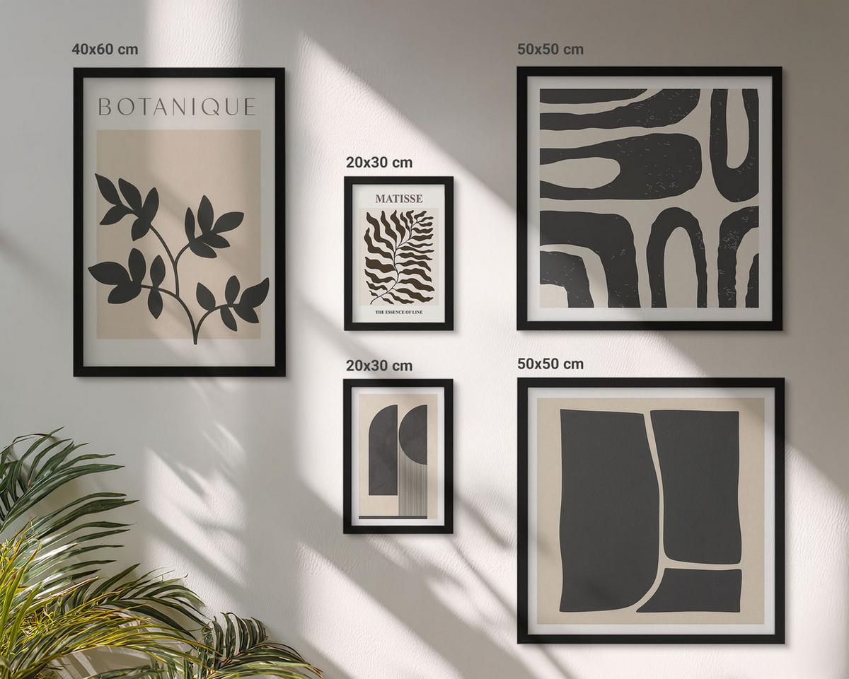 BILDER SET 5er Set - 50x50 cm & 20x30 cm & 40x60 cm Schwarzer Rahmen - Minimalistische Pflanzenposter - Schwarz, Kunststoff (40/60cm) - TULUP