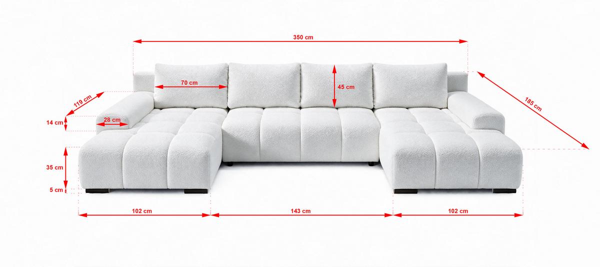 WOHNLANDSCHAFT OVIA U mit Bettkasten und Schlaffunktion, Bouclé-Stoff in U-Form - Weiß, Textil (350/80/185cm)