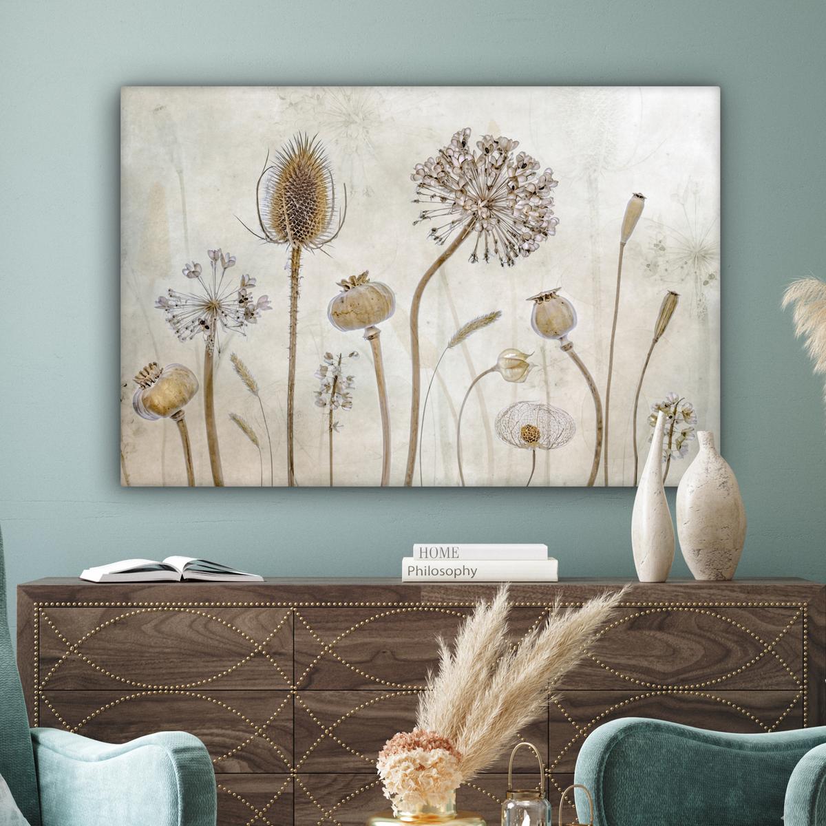 LEINWANDBILD Blumen - Aquarell - Stilleben - Braun - Vintage Groß 140x90 cm - Beige, Textil (140/90cm) - MuchoWow