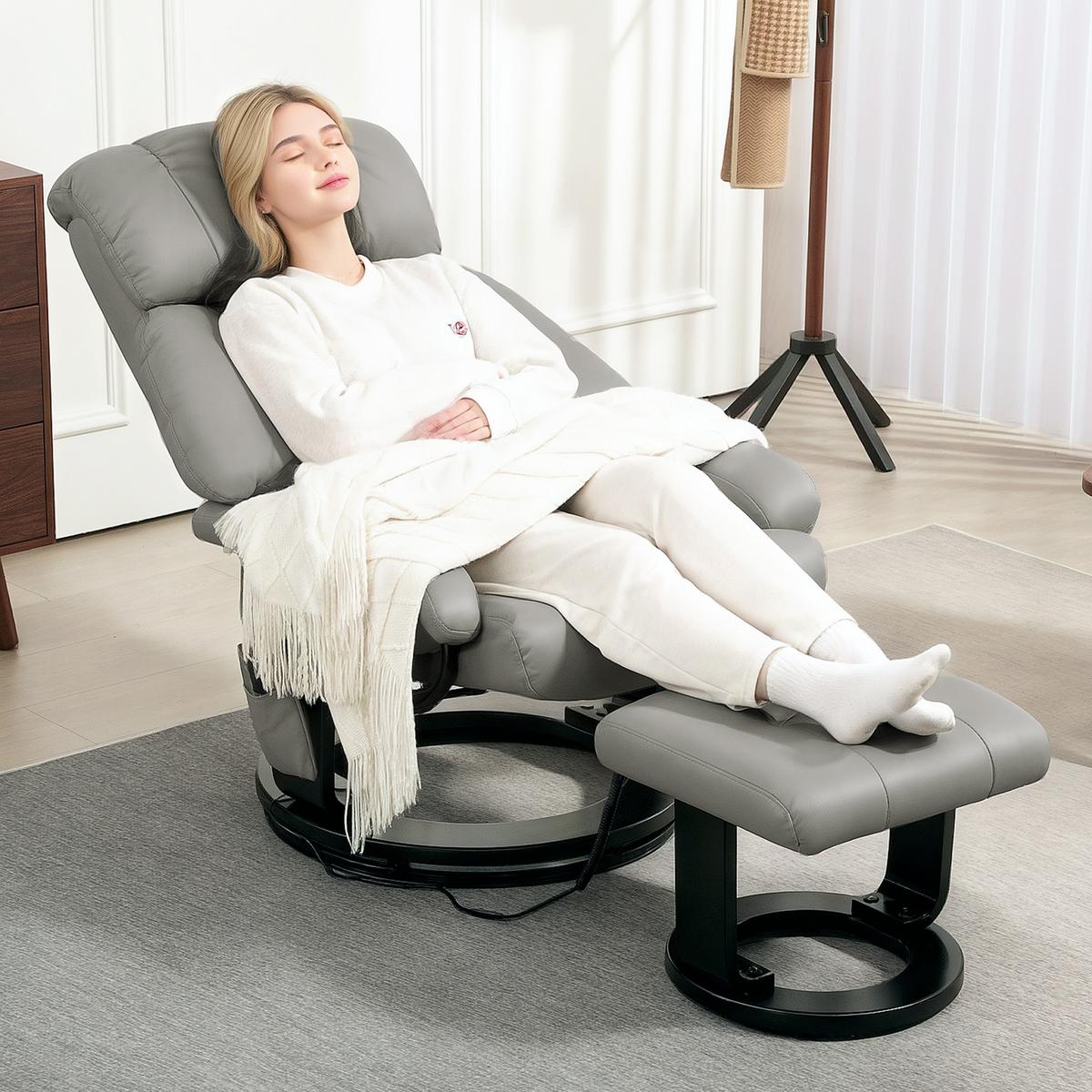 RELAXSESSEL mit Fußhocker, Massagesessel mit Liegefunktion Fernbedienung Grau - Greige/Schwarz, Kunststoff/Metall (80/102/76cm) - HOMCOM