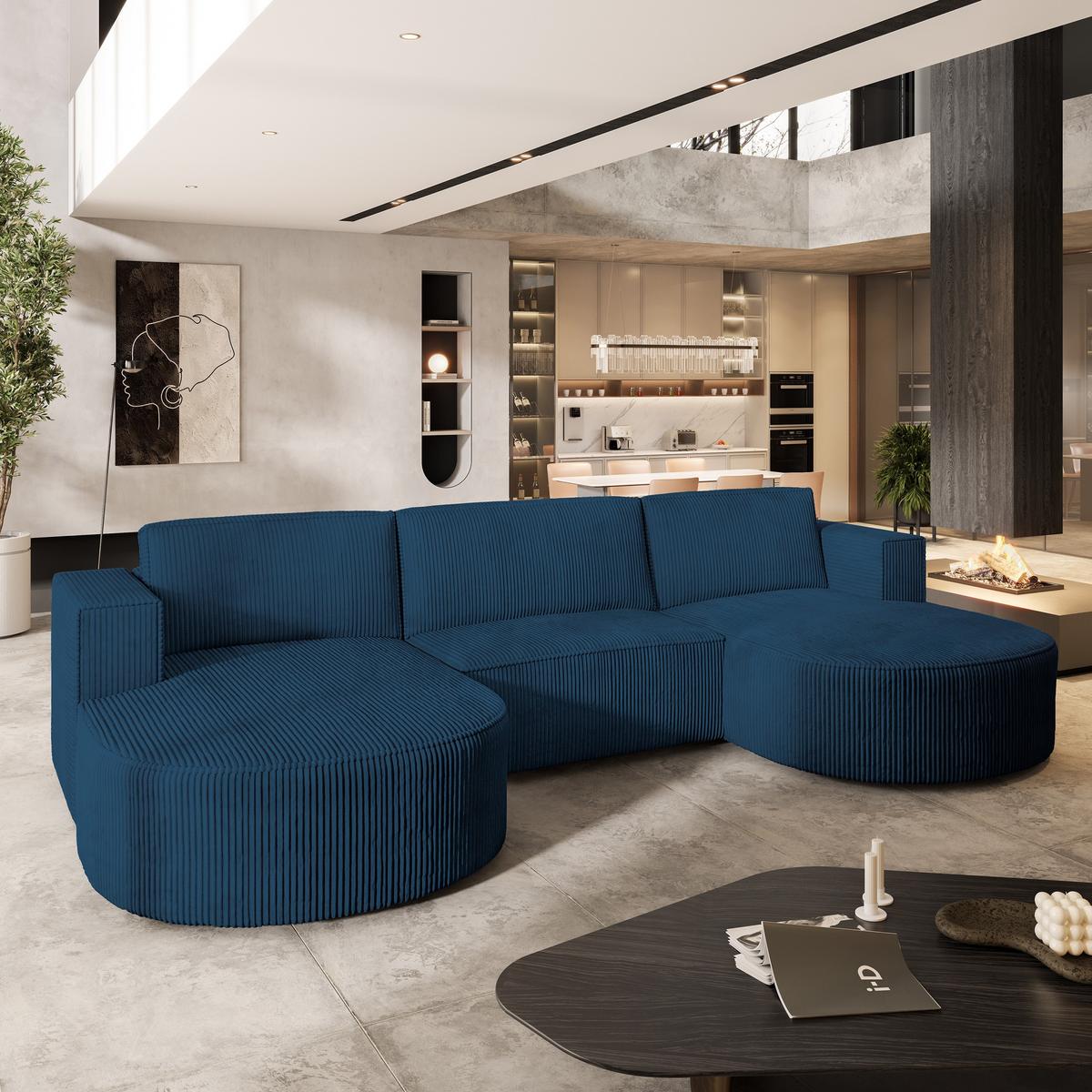 WOHNLANDSCHAFT VEZZO P Blau Kordstoff mit Schlaffunktion - Blau/Grau, Holz/Kunststoff (347/85/174cm) - MASSENO