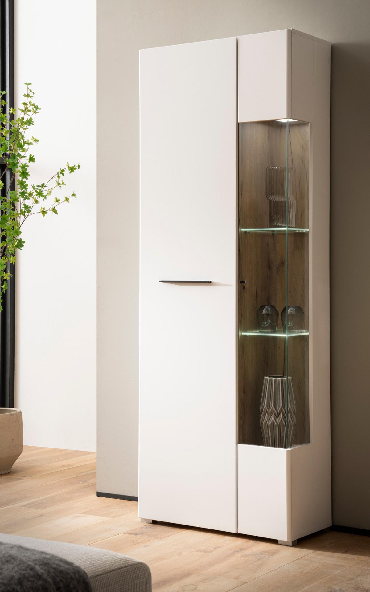 VITRINE weiß matt, Evoke Eiche, Vitrinenschrank 72 x 200 cm, Soft-Close-Funktion - Eichefarben/Silberfarben, Glas/Holzwerkstoff (72/200/35cm)