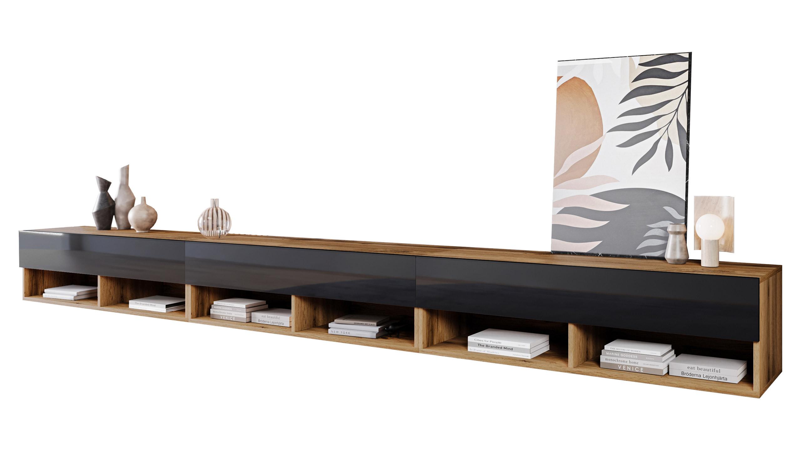 TV-LOWBOARD A300 mit weißer LED Beleuchtung - Schwarz Hochglanz/Eiche Wotan, Holzwerkstoff (300/32/33cm) - MIRJAN24
