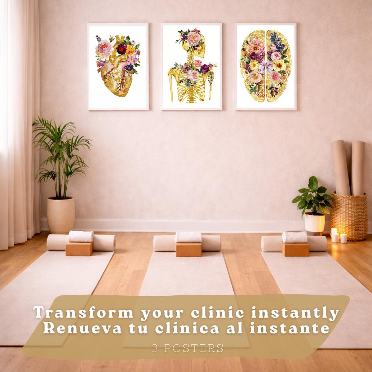 POSTER Set aus 3 Anatomie Mensch Drucke und Wandbilder mit Herz Gehirn und Skelett Goldenes Florales Design Wanddekoration Größe Weißer Rahmen A3 - Weiß, Papier (29.7/42/3cm) - Nacnic