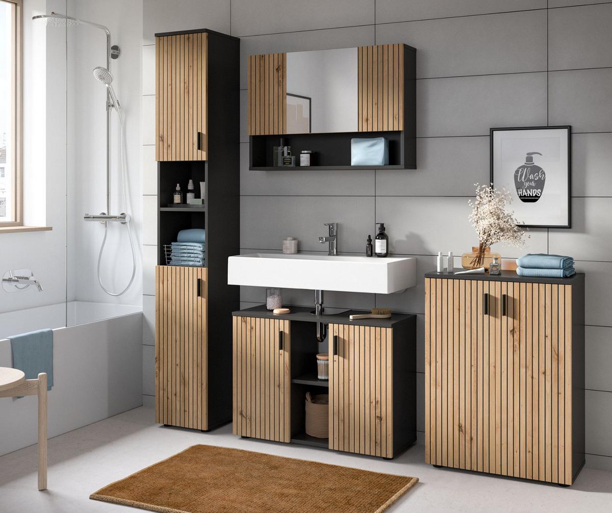 BADMÖBEL-SET Eiche Artisan, grau 2-teilig 80 cm, Badkombination mit Rillen-Optik - Schwarz/Eiche Artisan, Glas/Holzwerkstoff (80/180/30cm) - Inn.Furn