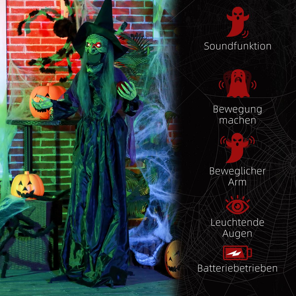 180CM Halloween Dekoration Halloween-Hexe mit LED-Lichter, Soundfunktion - Schwarz, Kunststoff (18/180/70cm) - HOMCOM