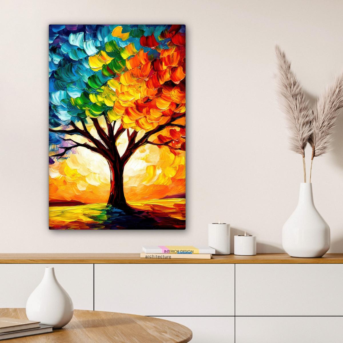 LEINWANDBILD Baum - Kunst - Natur - Sonnenuntergang Wanddeko Schlafzimmer 60x90 cm - Multicolor, Textil (60/90cm) - MuchoWow