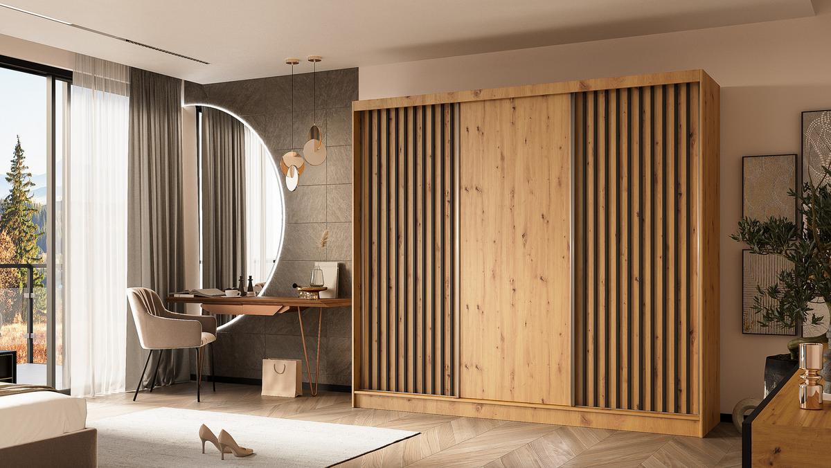 KLEIDERSCHRANK mit furnierten Schiebetüren und Aluminium-Leisten, LED-Beleuchtung - LABELO - 240 cm Artisan+Artisan+Schwarz - Schwarz/Eiche Artisan, Holzwerkstoff (240/216/61cm) - ALTDECOR