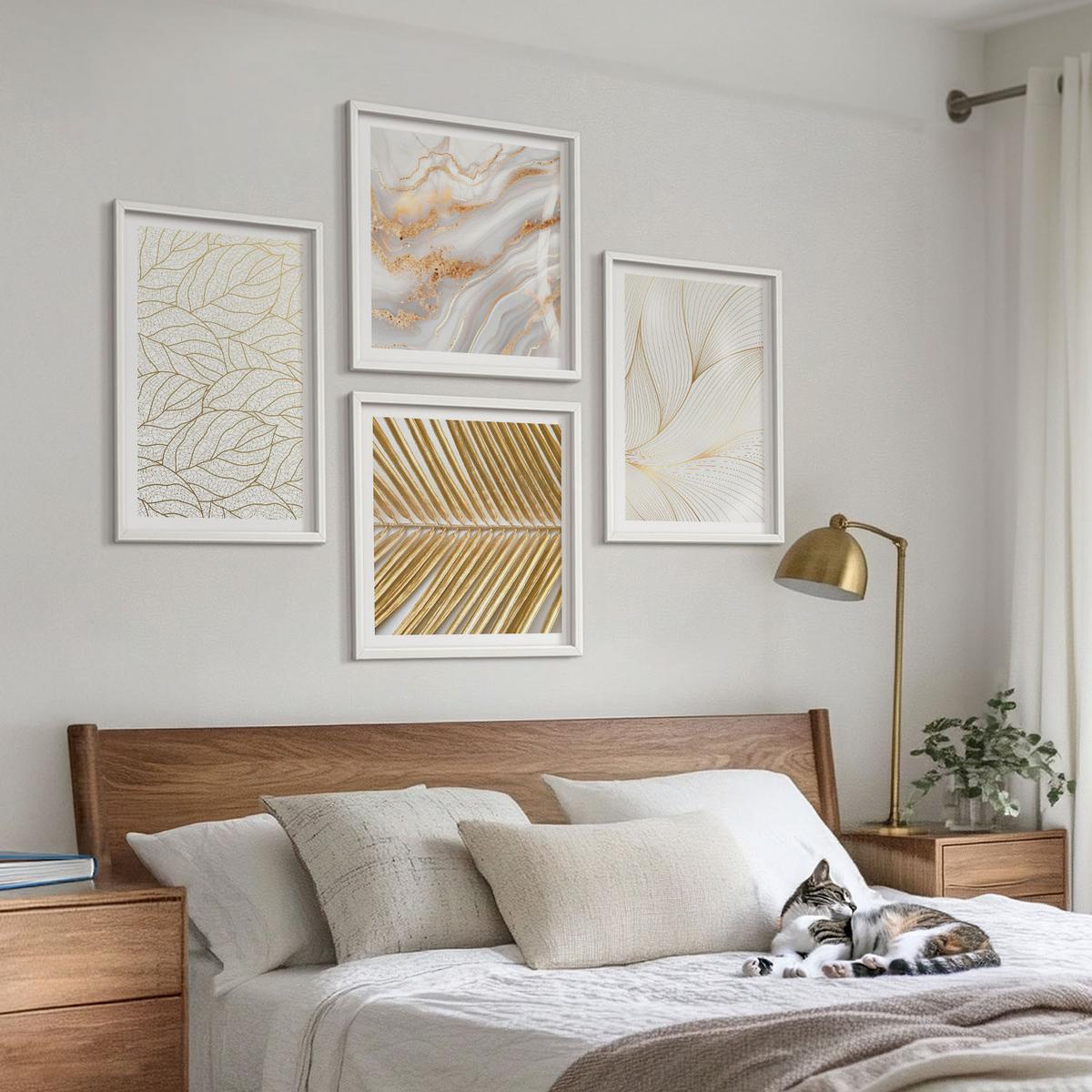 BILDER SET 4er Set - 50x50 cm & 40x60 cm Weißer Rahmen - Blattmuster Marmor abstrakt - Weiß, Kunststoff (50/50cm) - TULUP