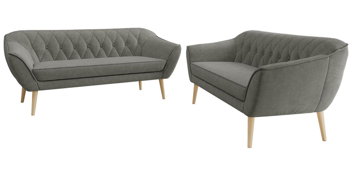SITZGARNITUR PIRS 3+3 - Grau Strukture - Holzbeine - Platinfarben/Buchefarben, Holzwerkstoff/Textil (180/75/74cm) - MKS