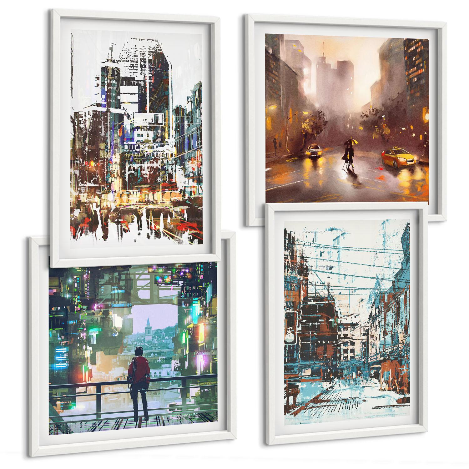 BILDER SET 4er Set - 50x50 cm & 40x60 cm Weißer Rahmen - Moderne, farbenfrohe Städte mit Charakteren - Weiß, Kunststoff (50/50cm) - TULUP