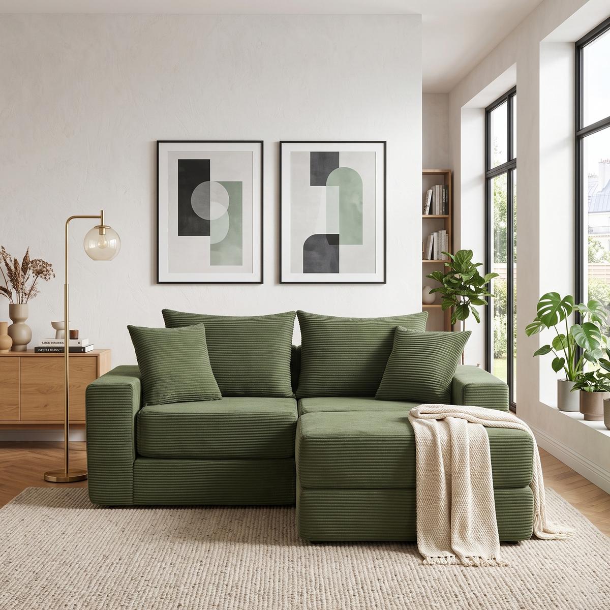 3-SITZER SOFA Modulares Cord Grün ohne Montage - Grün, Kunststoff (259.5/96cm) - Urban Meuble