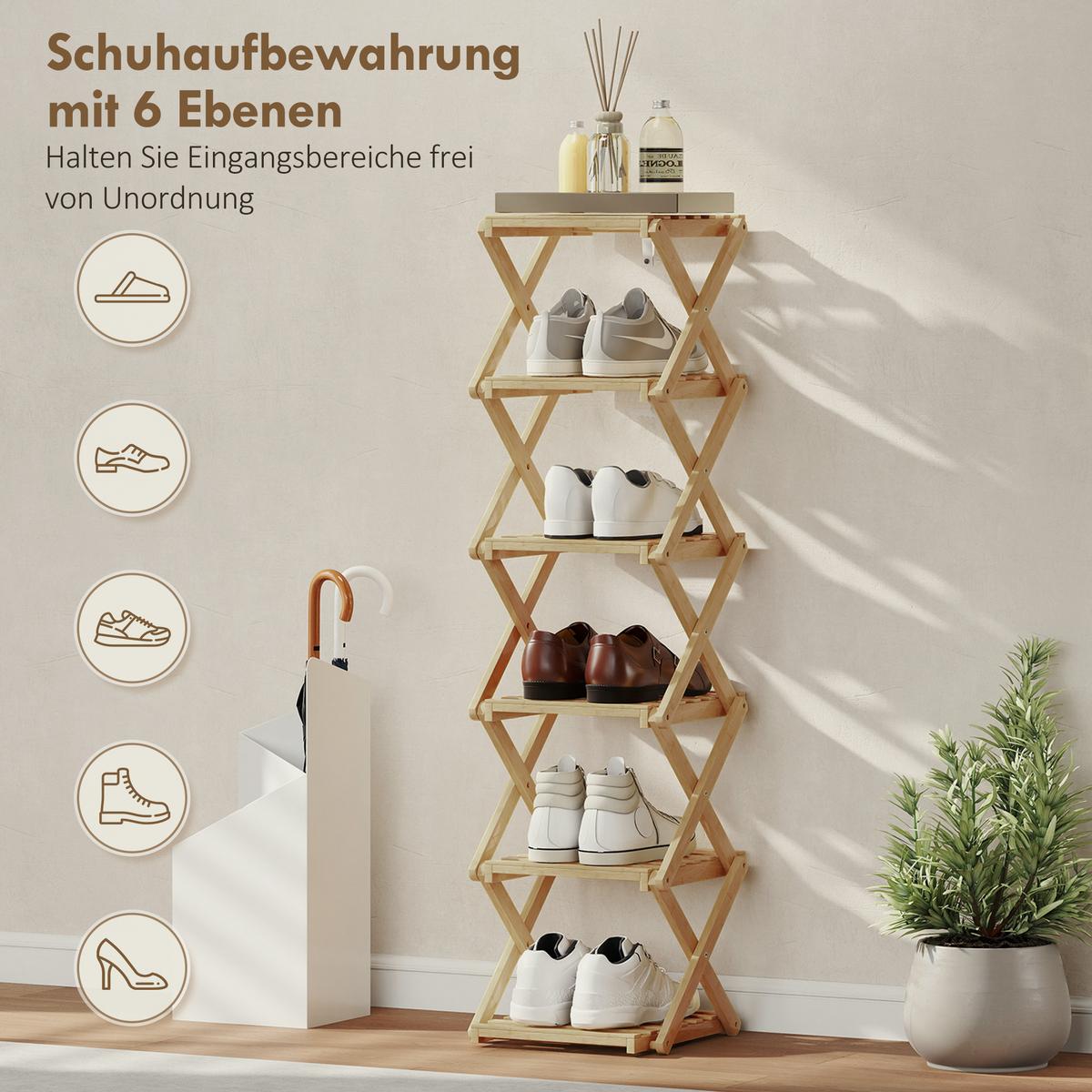 SCHUHREGAL klappbar Schuhständer mit 6 Ebenen aus Bambus für max. 9 Paar Schuhe - Naturfarben, Naturmaterialien (30/108/29cm) - HOMCOM