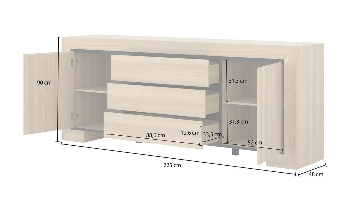 SIDEBOARD LUNO 225x48x90 cm mit 3 Schubladen und 2 Türen Eichefarben - Braun, Holzwerkstoff (225/90/48cm) - MASSENO