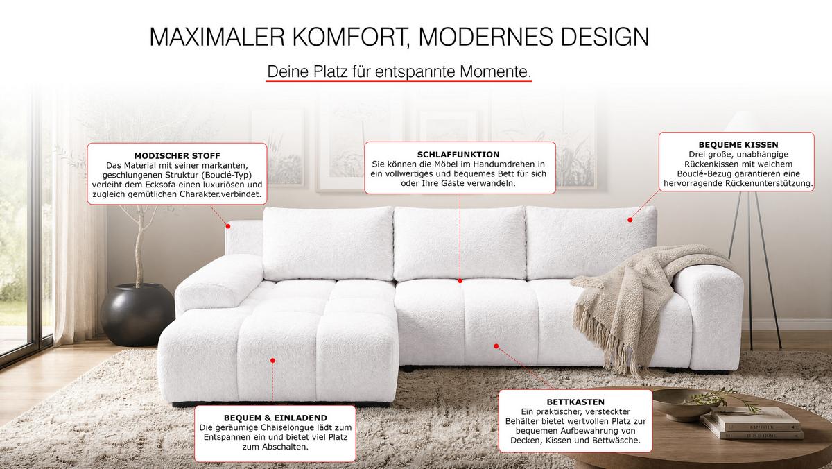 ECKSOFA Ovia mit Bettkasten und Schlaffunktion, Bouclé-Stoff in L-Form - Weiß, Textil (270/185cm)