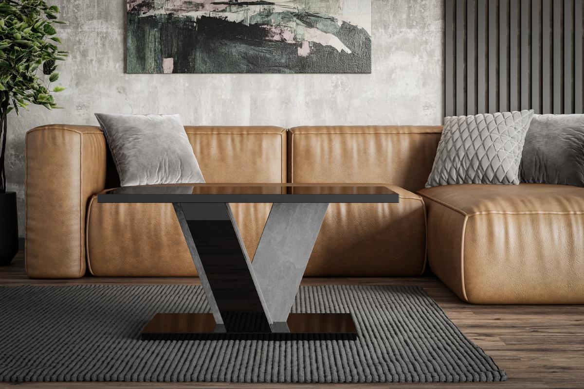 KAFFEETISCH 110x70x60 cm - Hochglanz Schwarz / Betonoptik - INEY - Schwarz Hochglanz, Holzwerkstoff (110/70/60cm) - ALTDECOR
