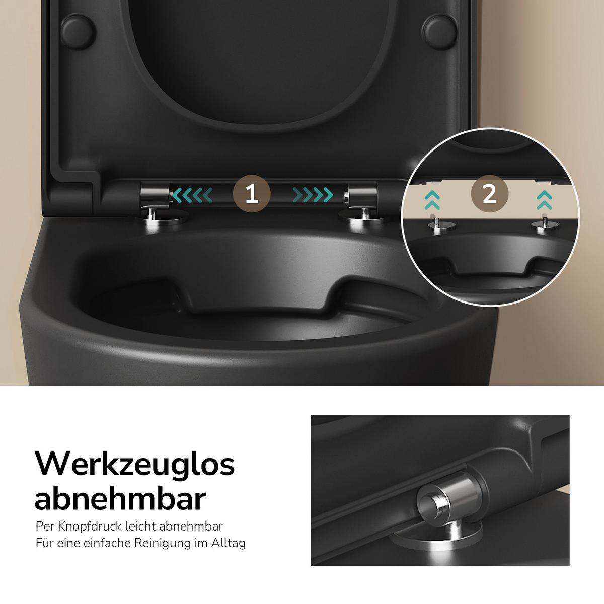 WAND-WC Set ohne Spülrand 49 x 37 cm inkl. WC-Sitz mit Absenkautomatik schwarz matt - Schwarz, Keramik (37/37/49cm) - EMKE