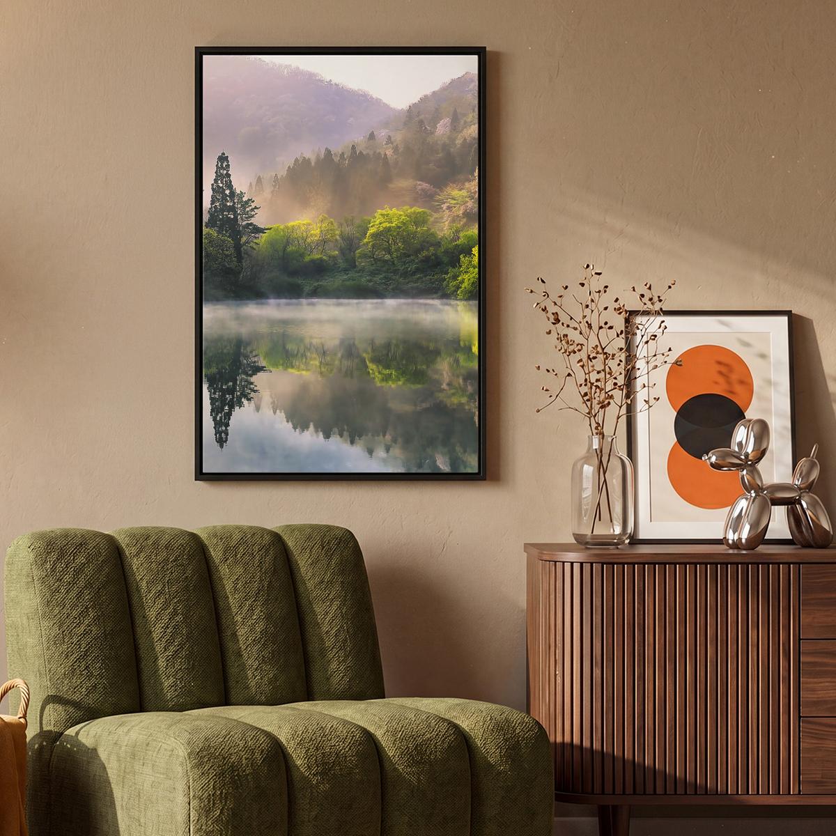 LEINWAND Bilder mit Rahmen - Natur - Bäume - Berge - See - Wasser - 60x90 - Hellgrün, Textil (60/90cm) - MuchoWow