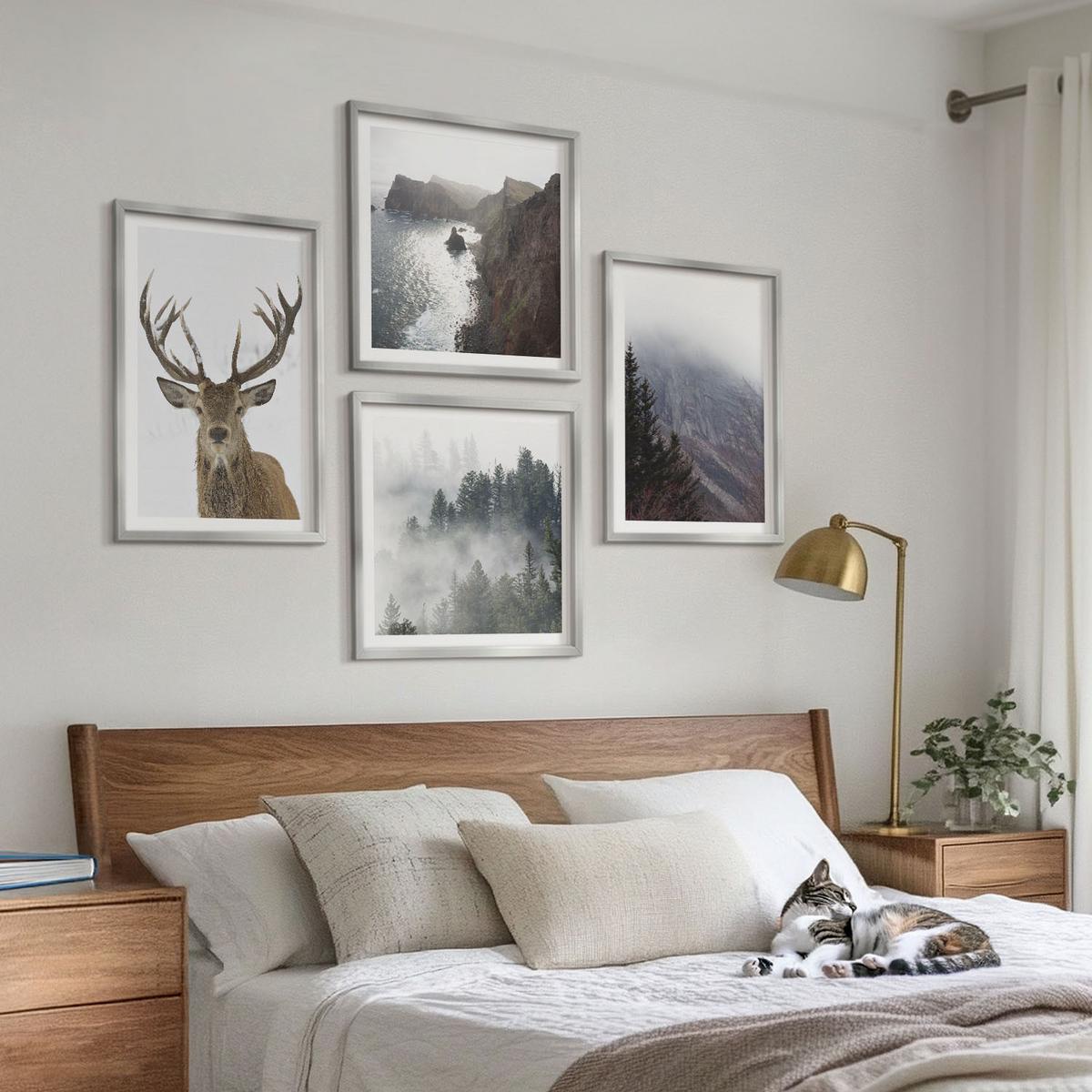 BILDER SET 4er Set - 50x50 cm & 40x60 cm Silberner Rahmen - Berglandschaft Nebel Hirsch - Silberfarben, Kunststoff (50/50cm) - TULUP