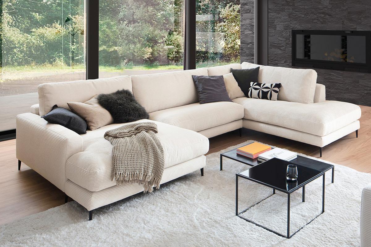 WOHNLANDSCHAFT CARA Cremeweiß Cord - Creme/Schwarz, Textil (341/84/223cm) - KAWOLA