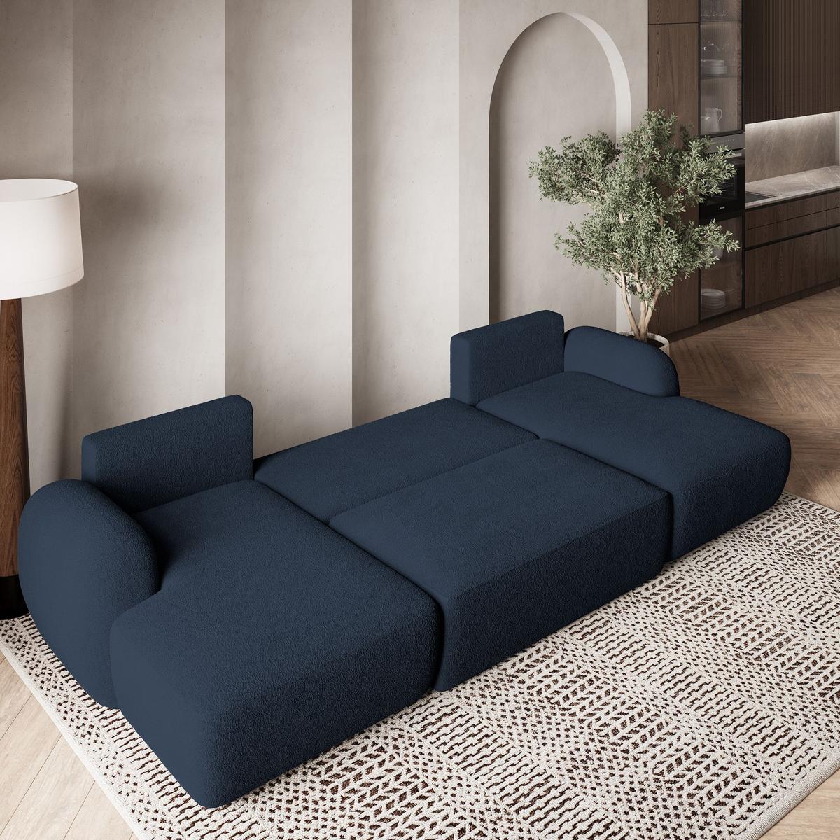 WOHNLANDSCHAFT SAVONA N Blau Boucle-Stoff mit Schlaffunktion - Blau/Schwarz, Holz/Kunststoff (320/90/148cm) - MASSENO