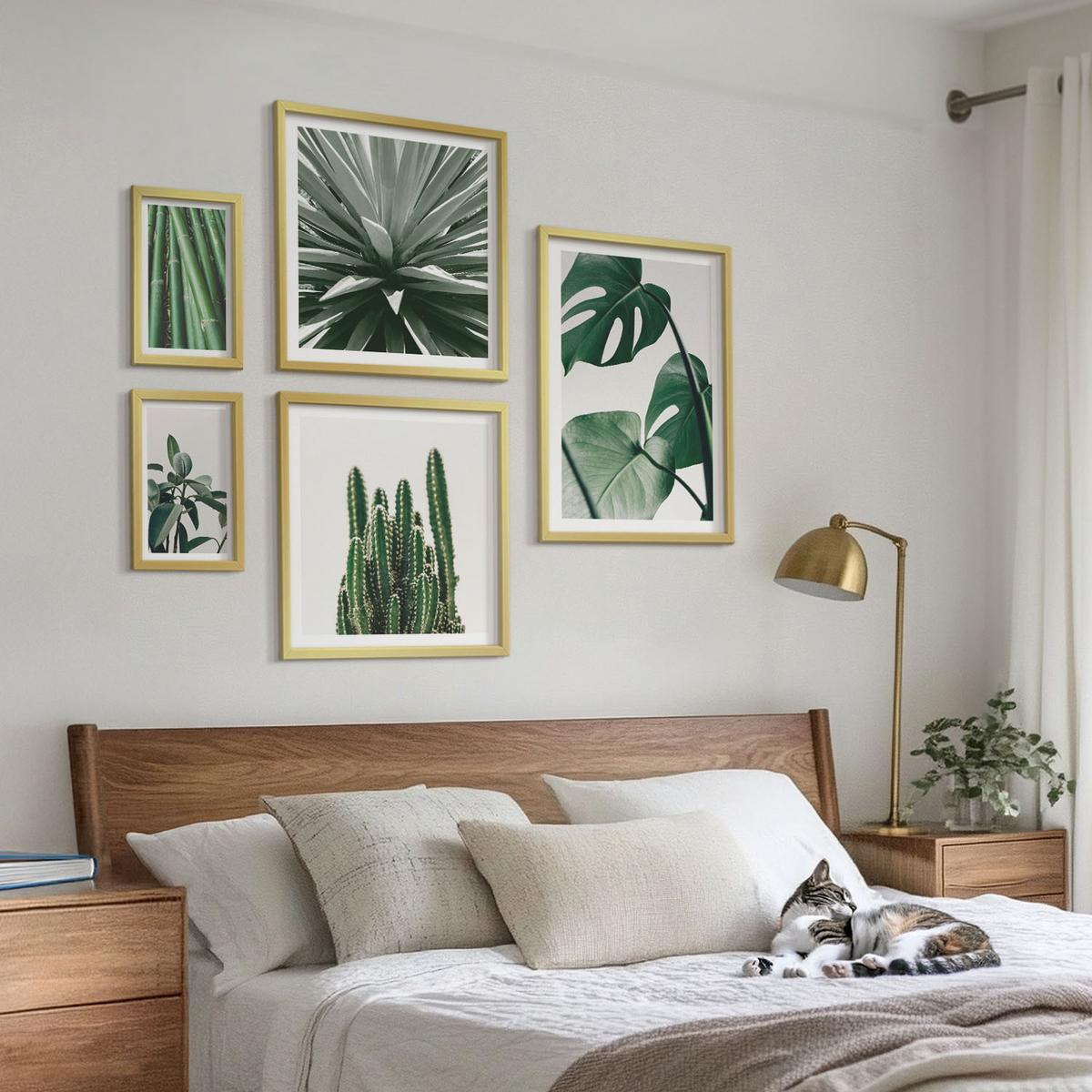 BILDER SET 5er Set - 50x50 cm & 20x30 cm & 40x60 cm Goldrahmen - Bambusblätter - Goldfarben, Kunststoff (40/60cm) - TULUP