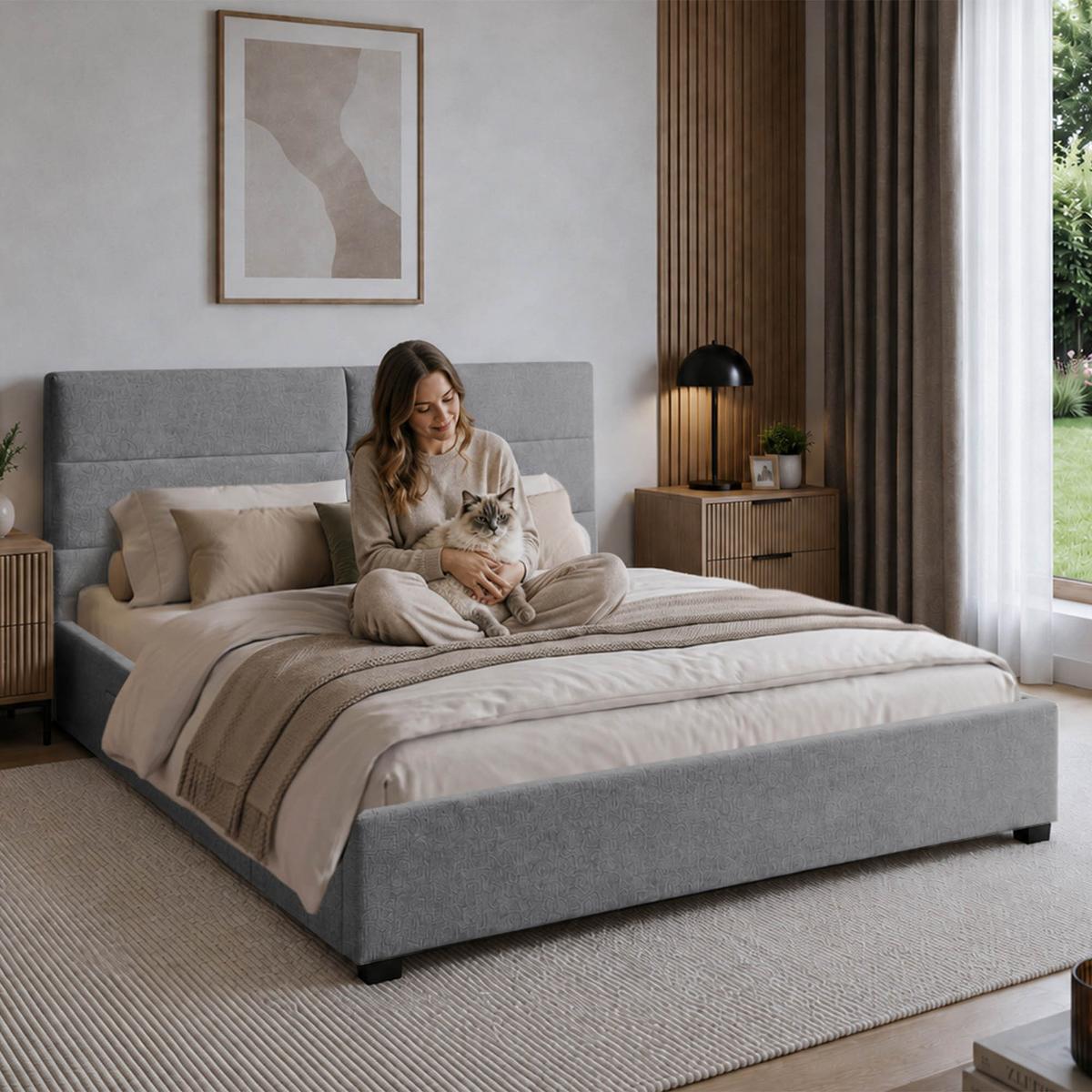 POLSTERBETT Aurea Doppelbett 160x200 cm mit Schublade und Schaumstoffmatratze 10 cm, Chenille-Stoff, Grau - Schwarz/Grau, Textil (160/200cm) - Beautysofa