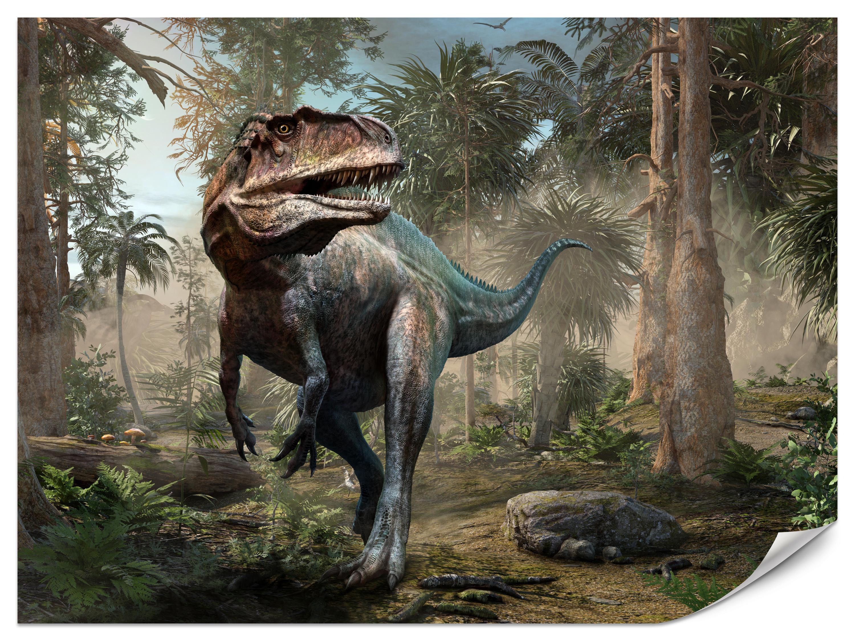 FOTOTAPETE für Jugendzimmer Realistischer Dinosaurier Dschungel Palmen 500x350 - Beige/Schwarz, Papier (500/350cm) - Muralo