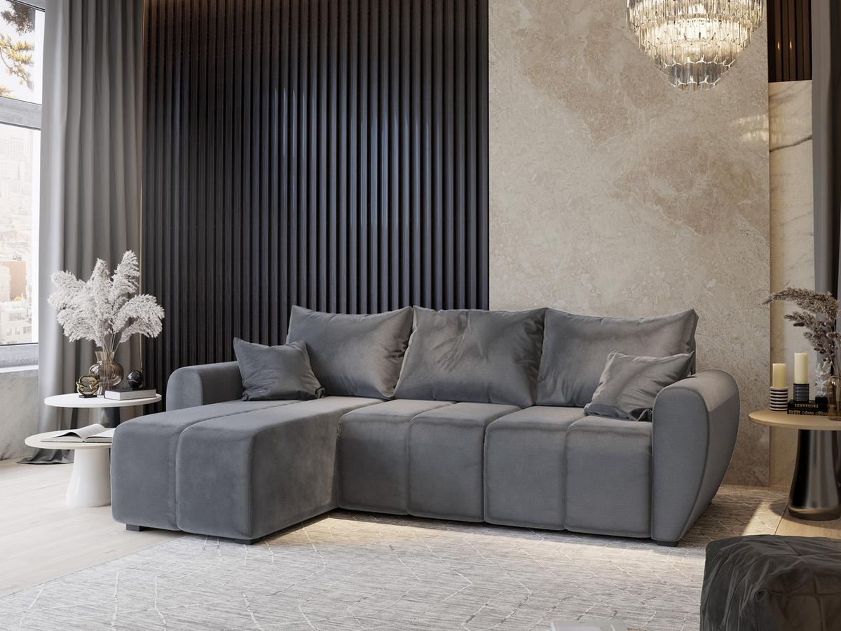 ECKSOFA MADISON Grau Plüsch-Stoff mit Schlaffunktion - Schwarz/Grau, Holz/Kunststoff (246/143cm) - MASSENO
