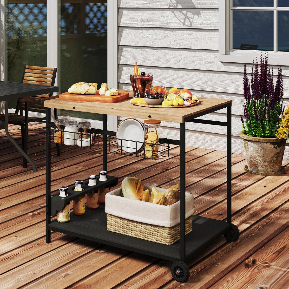 GARTENROLLWAGEN mit 2 Ebenen, mit Aufbewahrungskorb, mit Griff, Tanne, Natur - Fichtefarben, Holz (65/81/97.5cm) - Outsunny