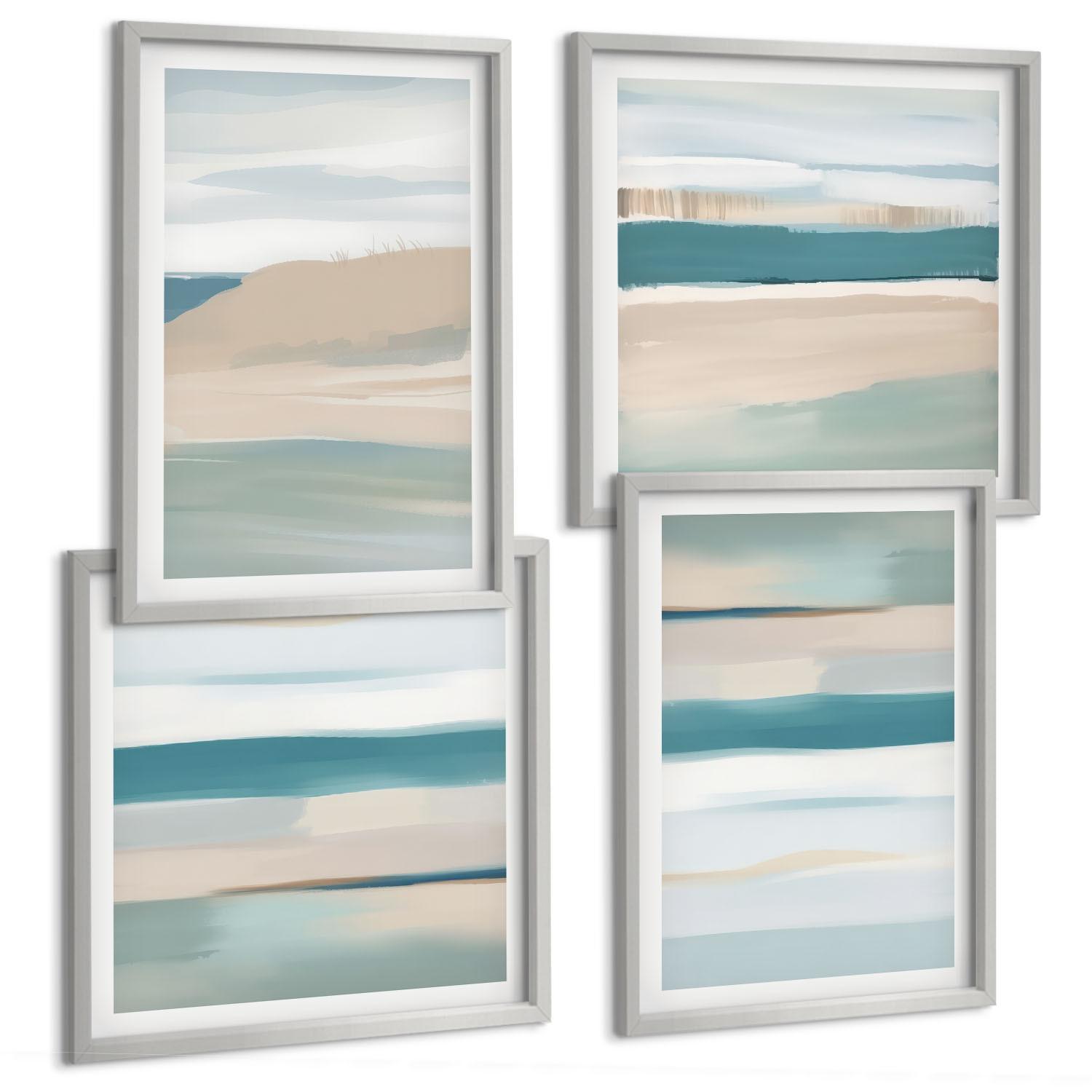 BILDER SET 4er Set - 50x50 cm & 40x60 cm Silberner Rahmen - Abstrakte blaue Landschaften - Silberfarben, Kunststoff (50/50cm) - TULUP