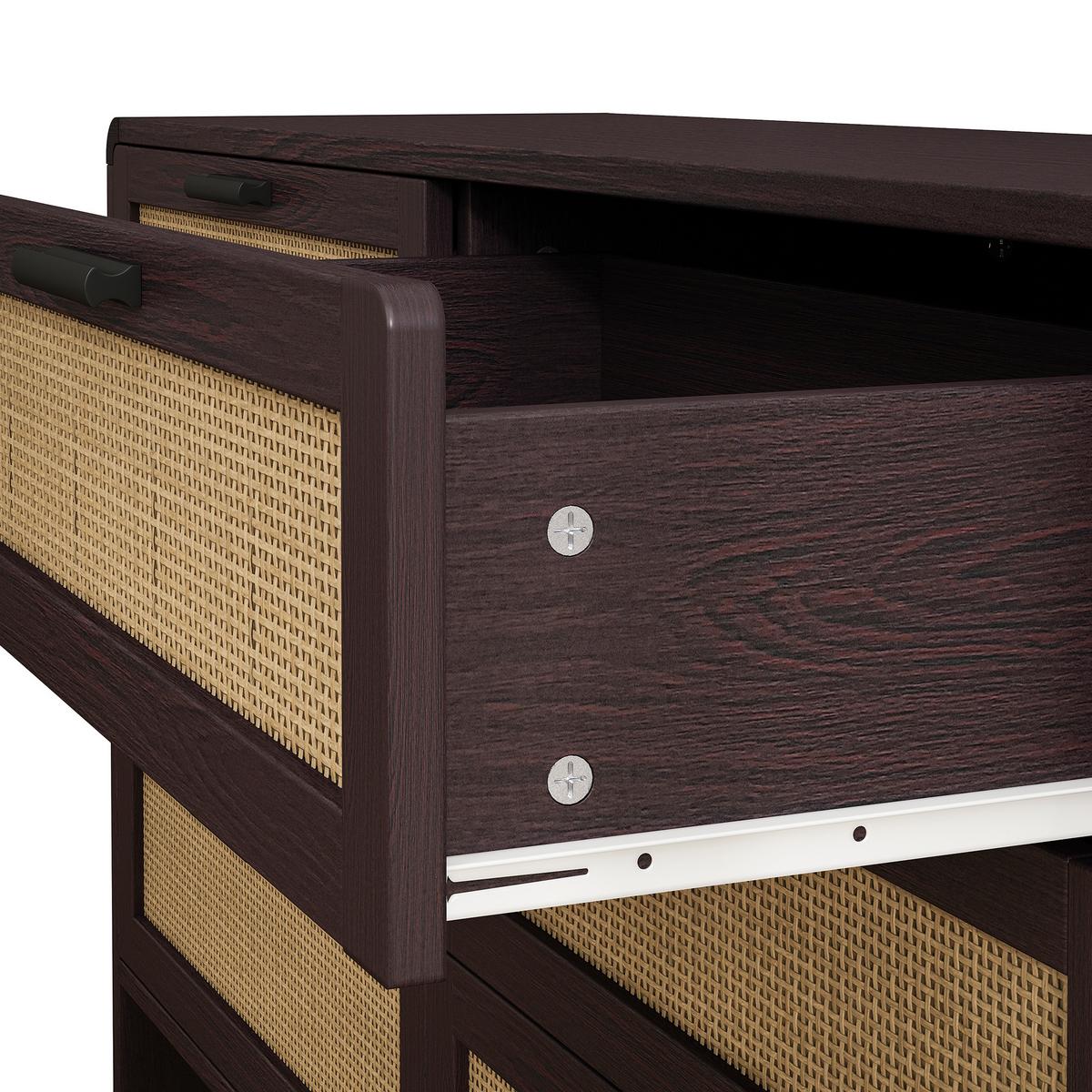 SIDEBOARD holzwerkstoff in rotbraun mit rattan-geflecht, abgerundete ecken & 6 schubladen - Walnussfarben, Holzwerkstoff (130/74/40cm) - Urban Meuble