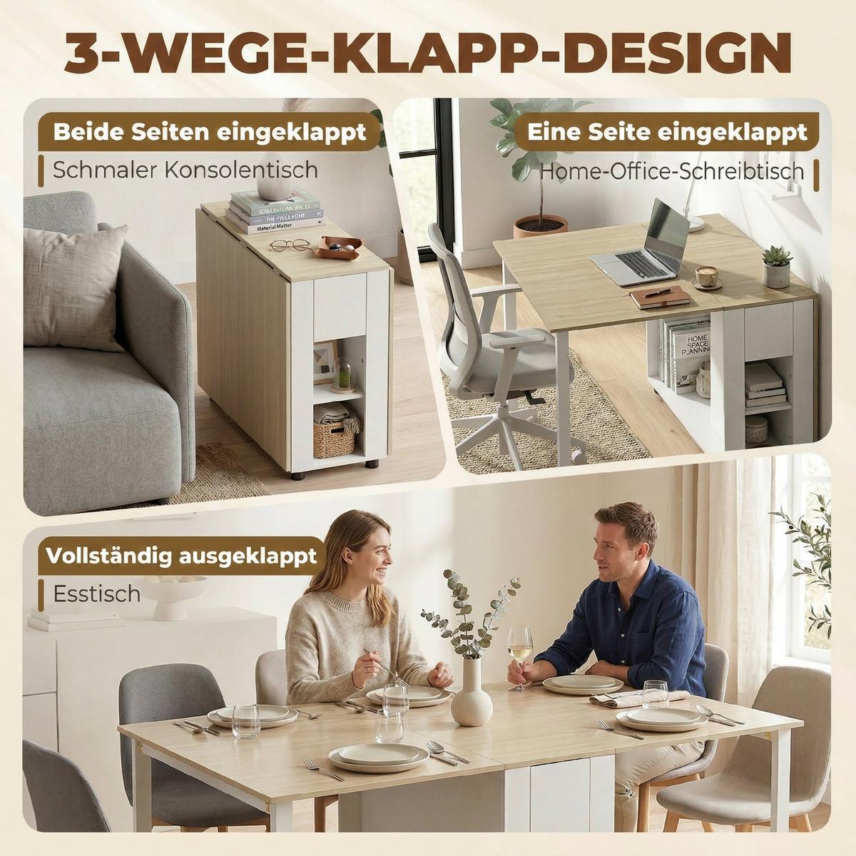 KLAPPTISCH MDF Weiß Naturholz - Weiß, Holz/Holzwerkstoff (168.2/85/73cm) - HOMCOM