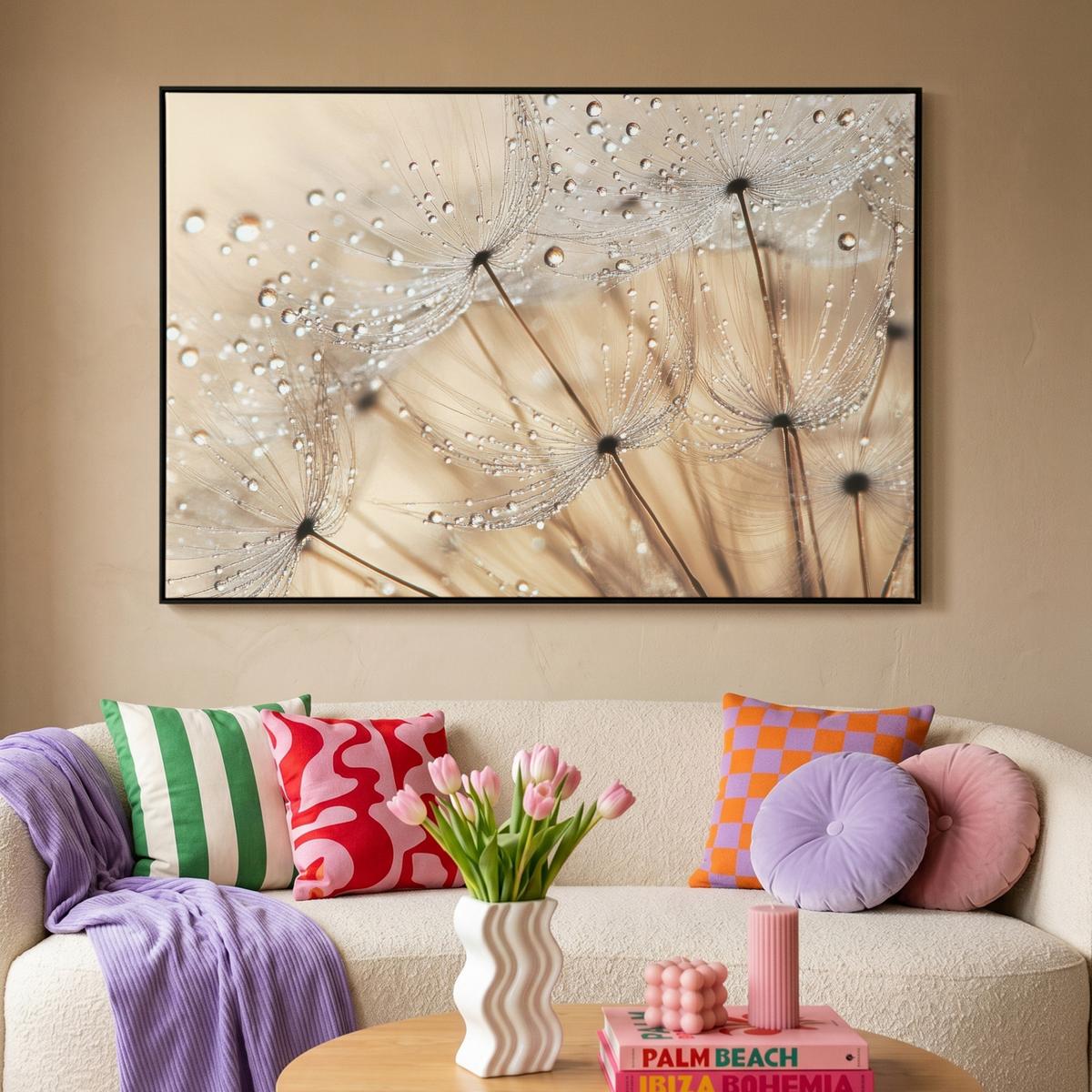 LEINWAND Bilder mit Rahmen - Löwenzahn - Abstrakt - Natur - Beige - 150x100 - Braun, Textil (150/100cm) - MuchoWow