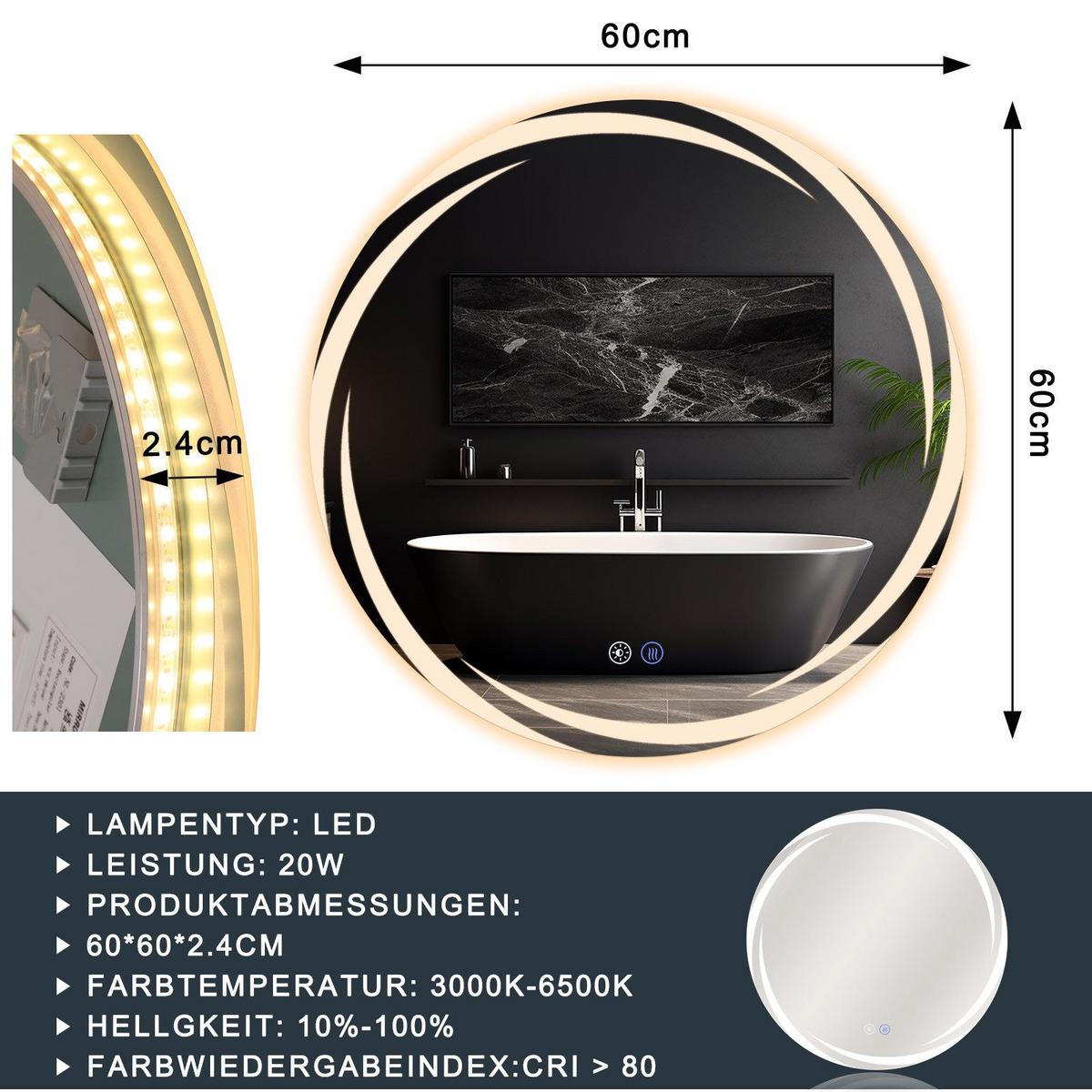 BADEZIMMERSPIEGEL Redick mit LED-Leuchte Ø60 cm - Weiß, Glas (60/2.4/60cm) - Nettlife