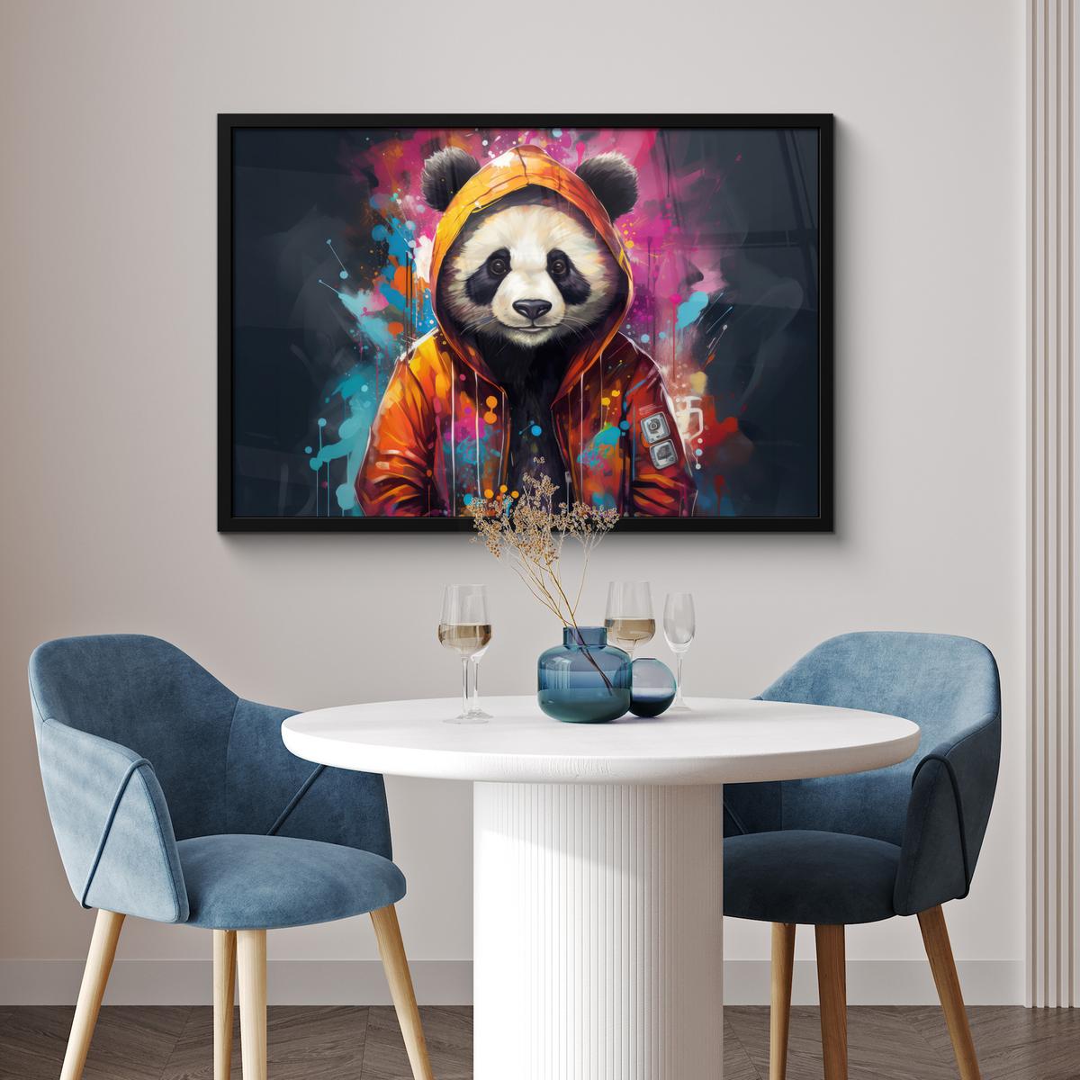 POSTER MIT RAHMENGERAHMTES BILD Panda - Jacke - Graffiti - Orange 90x60 cm - Orange, Papier (90/60cm) - MuchoWow