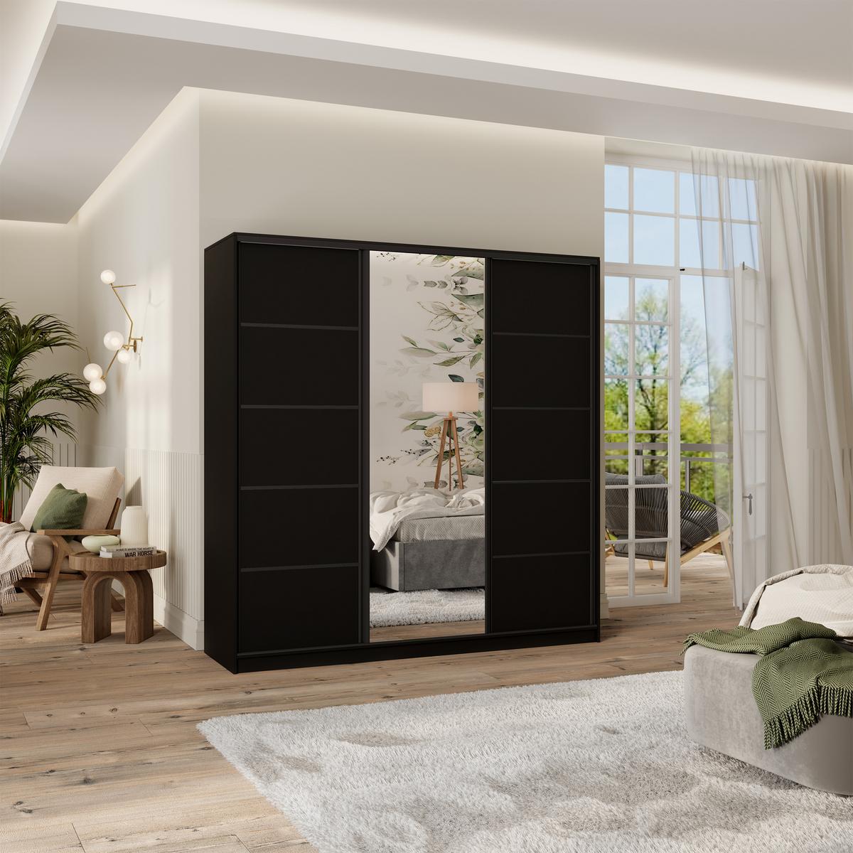 SCHWEBETÜRENSCHRANK PINA 180/205/58 cm 3-türig mit Spiegel und Schubladen Schwarz - Schwarz, Holzwerkstoff (180/205/58cm) - MASSENO