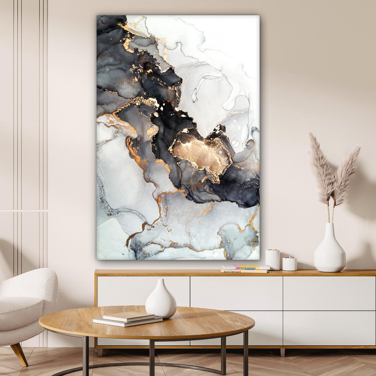 LEINWANDBILD Marmor - Schwarz - Weiß - Gold - Luxus - Abstrakt Deko Groß 90x140 cm - Goldfarben, Textil (90/140cm) - MuchoWow
