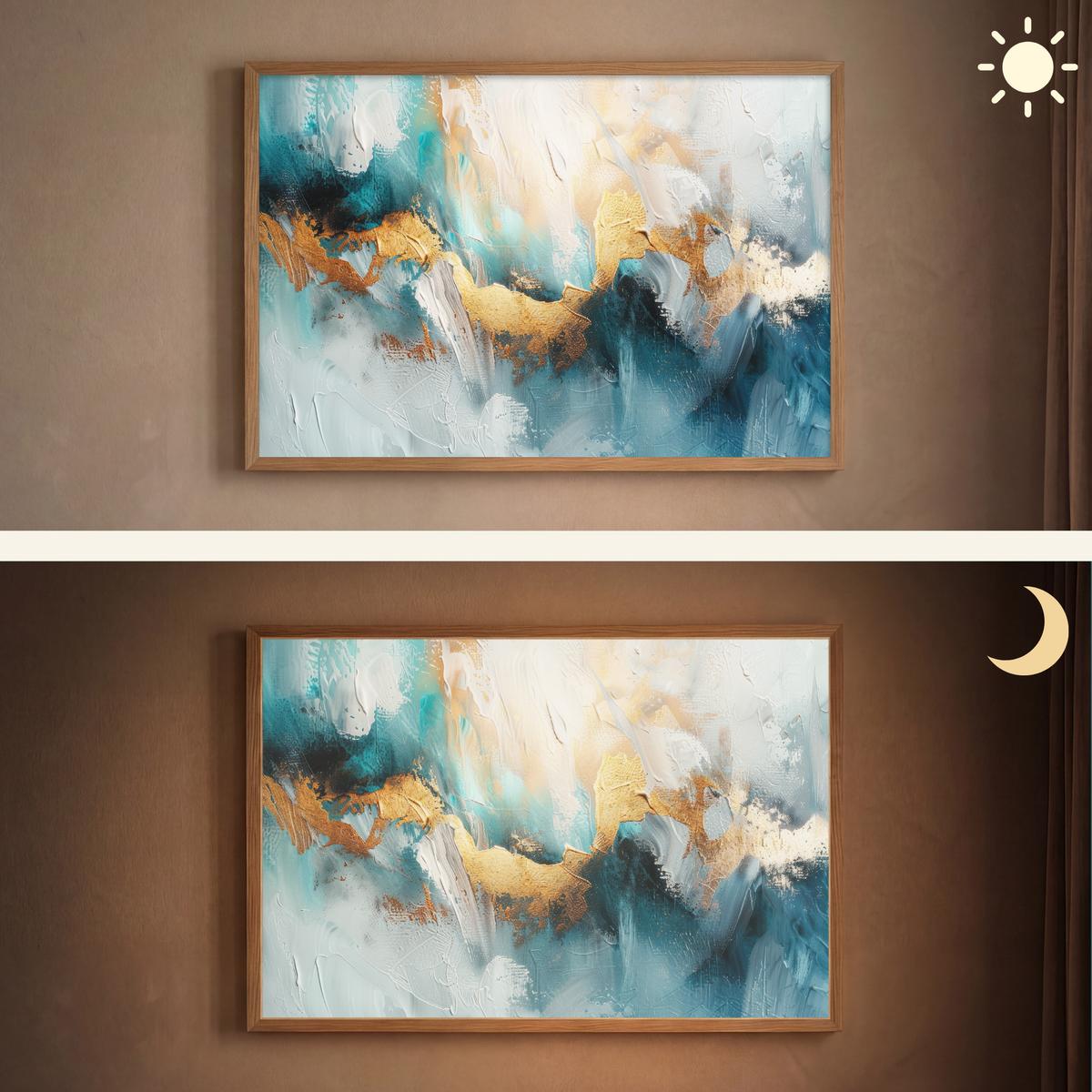 WANDLEUCHTE MIT AKKU Abstrakt - Kunst - Gold - Blau 90x60 cm - Türkis, Holzwerkstoff (90/60/8cm) - OnlyWow