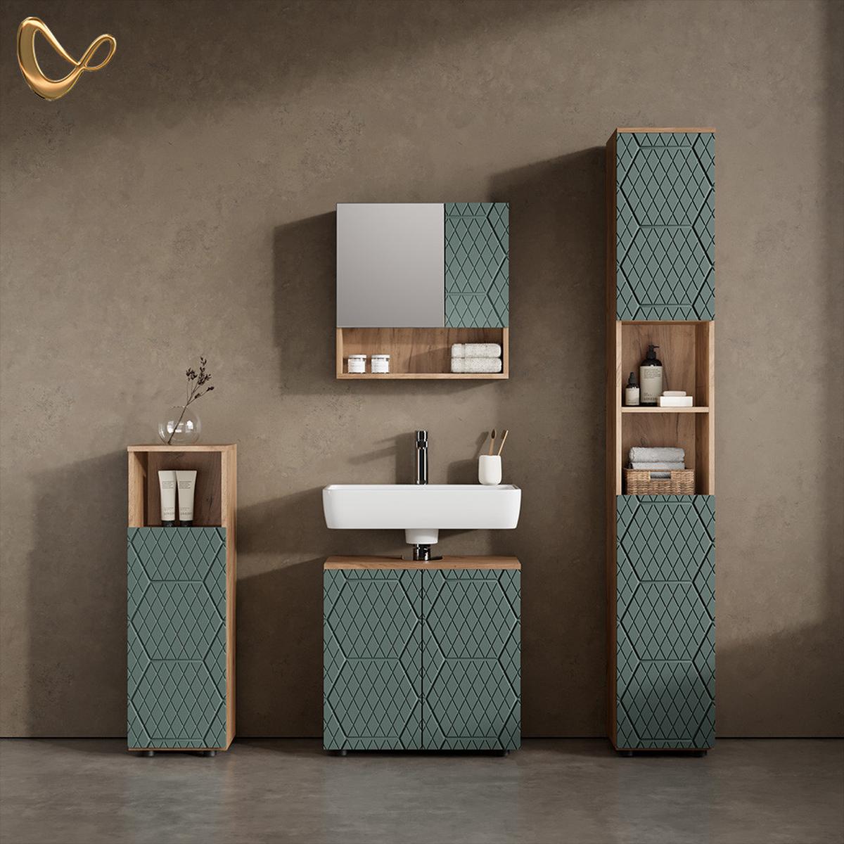 BADMÖBEL-SET Ronco Grün/Goldkraft Eiche 4 Teile, mit Hochschrank - Honigeiche/Grün, Holzwerkstoff (60/59/30cm) - Livinity®