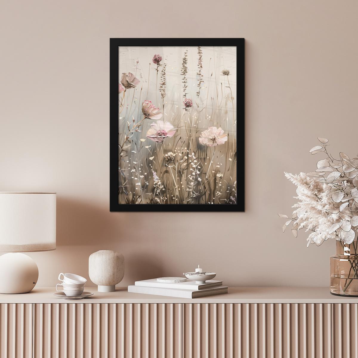 POSTER MIT RAHMEN Blumen - Rosa - Modern - Beige Bilderrahmen 30x40 cm - Beige, Papier (30/40cm) - MuchoWow
