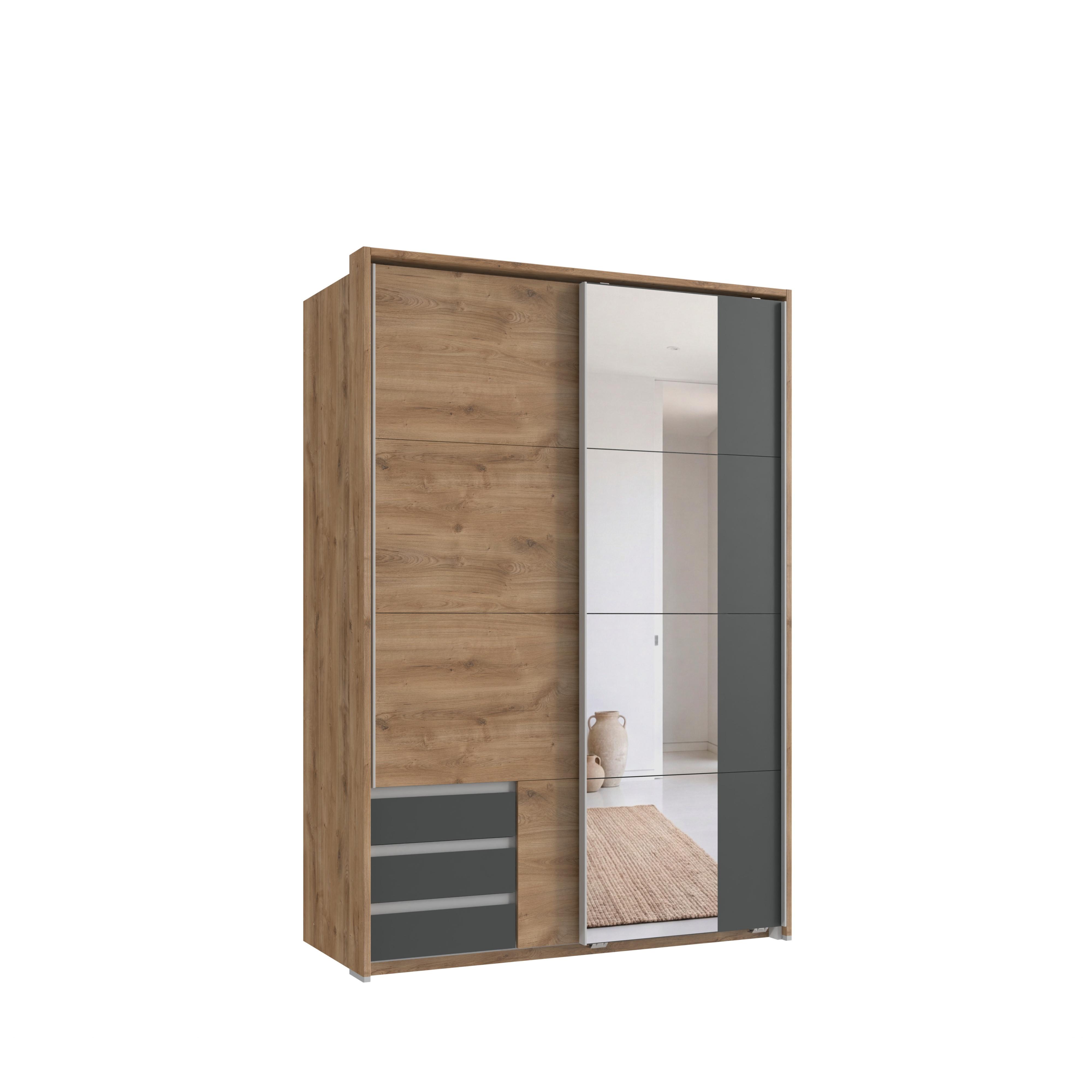 SCHWEBETÜRENSCHRANK 2-türig B138/H200/T65 cm, Passepartout-Kleiderschrank in Eiche Dekor mit Spiegel, 1x Tür & sichtbare Schubkästen in Grafit / 22685 - Eichefarben/Graphitfarben, Holz/Holzwerkstoff (138/200/65cm) - luma-home
