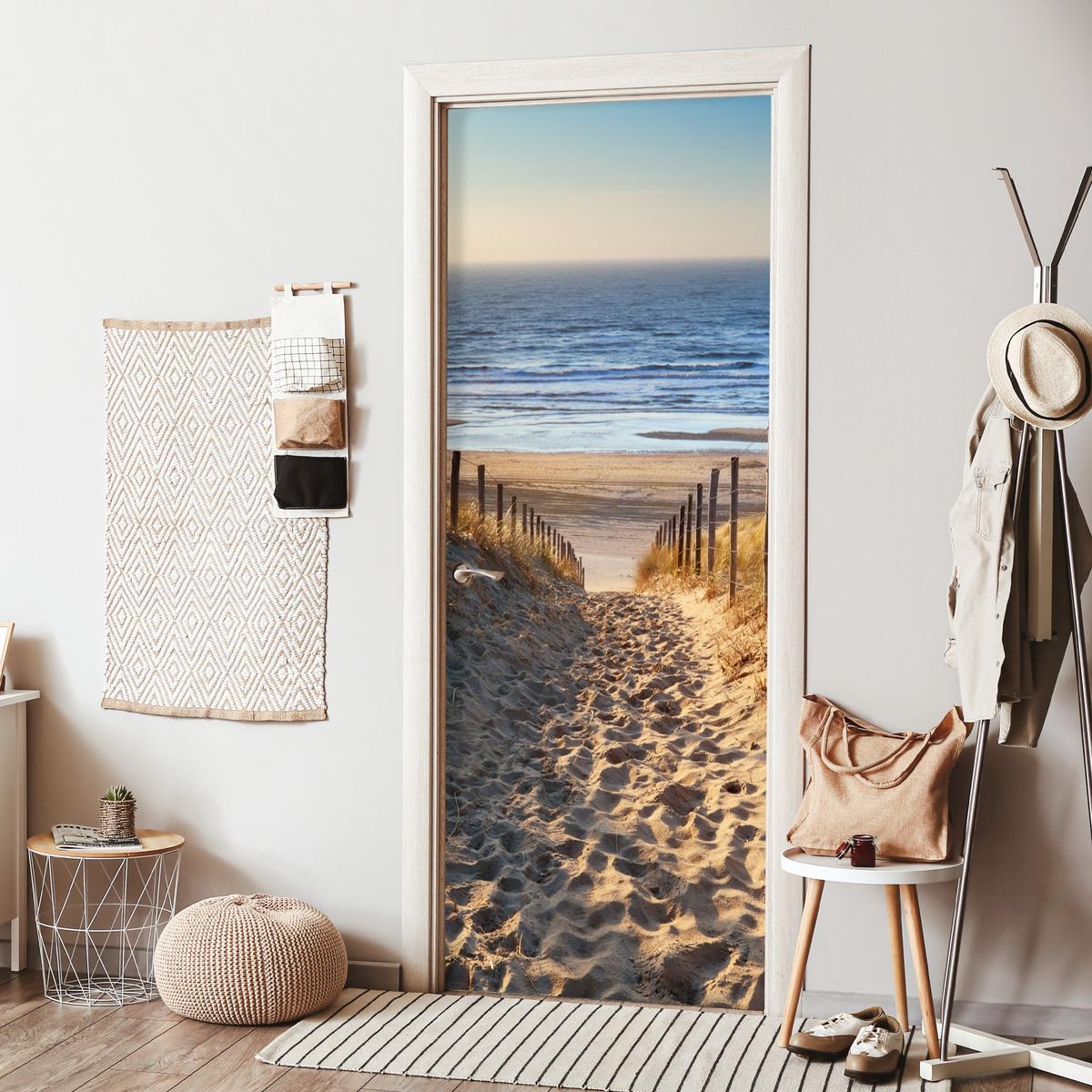 TÜRAUFKLEBER Strand - Meer - Niederlande - Dünen - Sonne 90x235 cm - Türtapete - Blau, Kunststoff (90/0.1cm) - MuchoWow