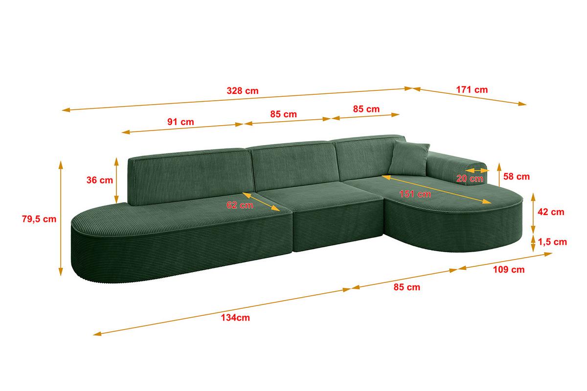 ECKSOFA Ottomane Rechts MARI-L2 - 328x171x79 cm Grün Cord - Schwarz/Grün, Holzwerkstoff/Kunststoff (171/328cm) - ALTDECOR