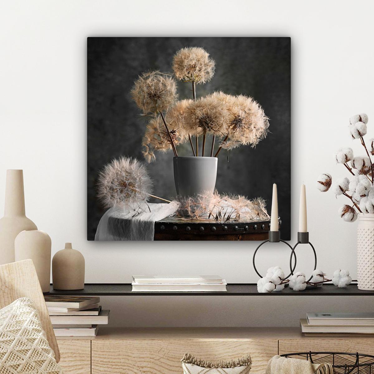LEINWANDBILD Blumensamen - Löwenzahn - Vase - Stilleben - Blumenstrauß Wandbild Wohnzimmer 50x50 cm - Dunkelgrau, Textil (50/50cm) - MuchoWow